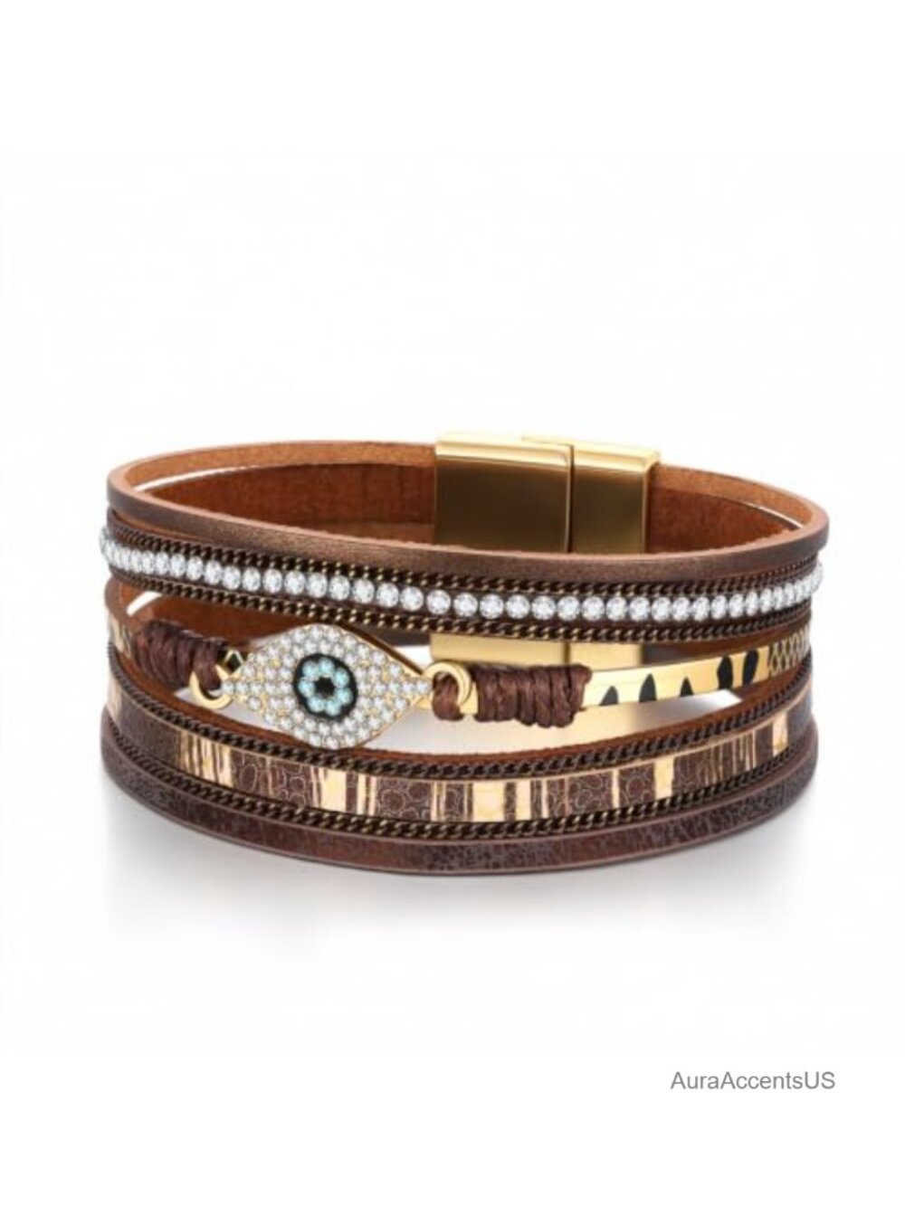 Layered Leather Wrap Bracelets for Women Boho Evil Eye Rhinestone Stackable